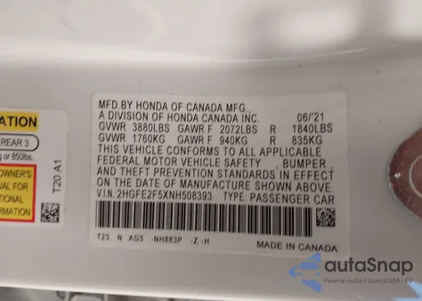 2022 Honda Civic Sport from USA, damaged, VIN 2HGFE2F5XNH508393